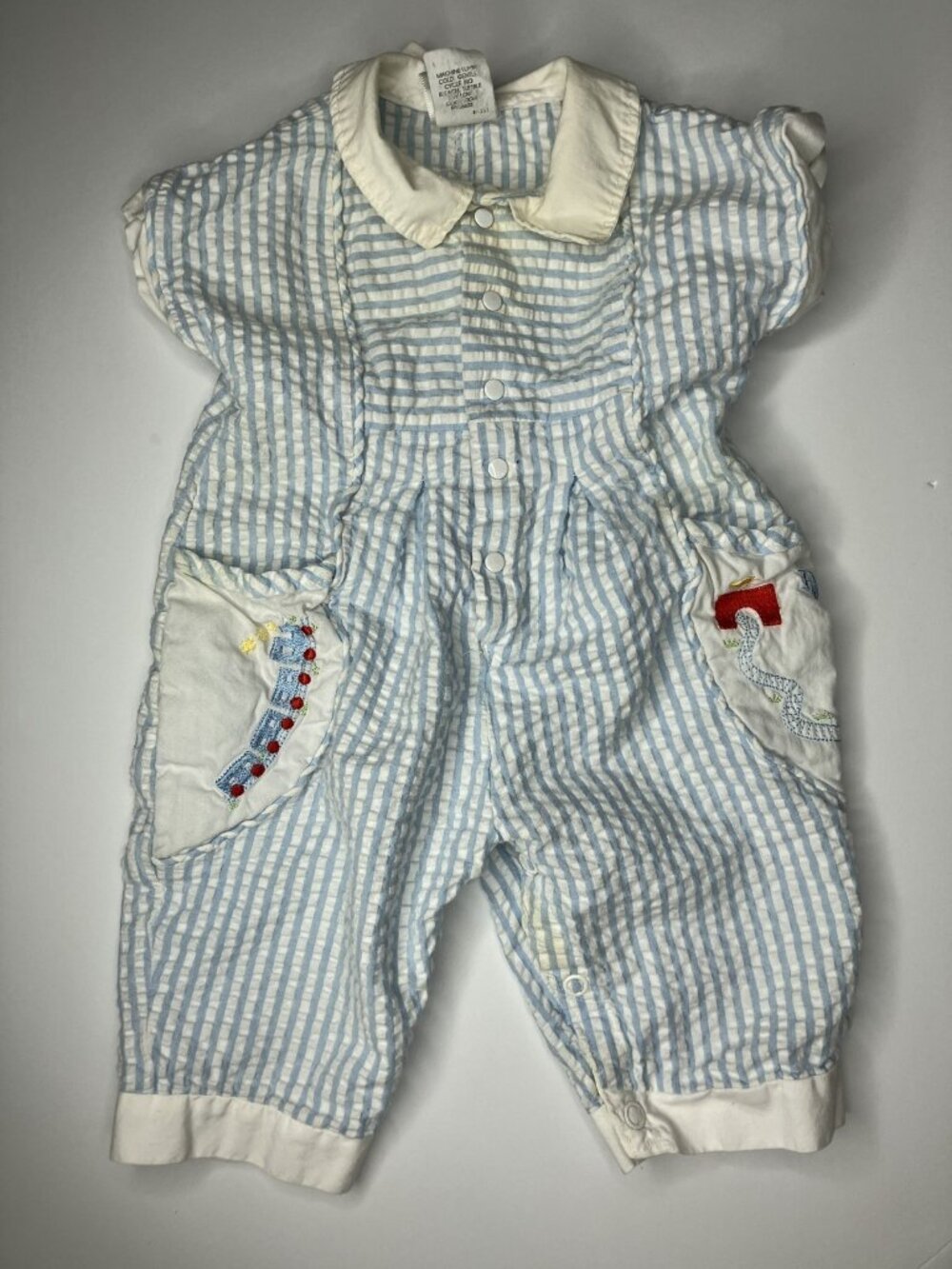 Vintage Baby Dior Seersucker Romper One Piece Blue White Stripes Train READ